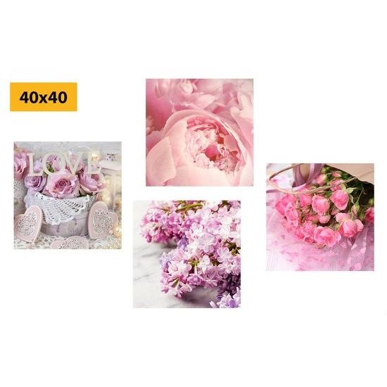 Set obrazů něžné květiny v odstínech růžové