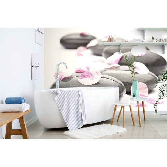 Samolepící fototapeta masážní kameny s růžovými lupínky