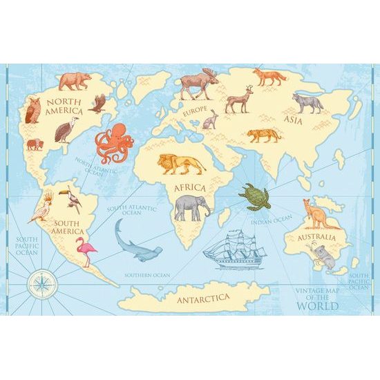 Tapeta kreslená mapa světa se zvířaty