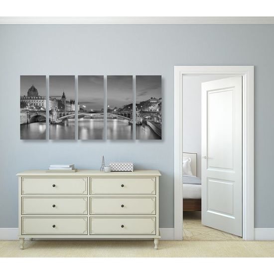 5-dílný obraz okouzlující noční Paříž v černobílém provedení