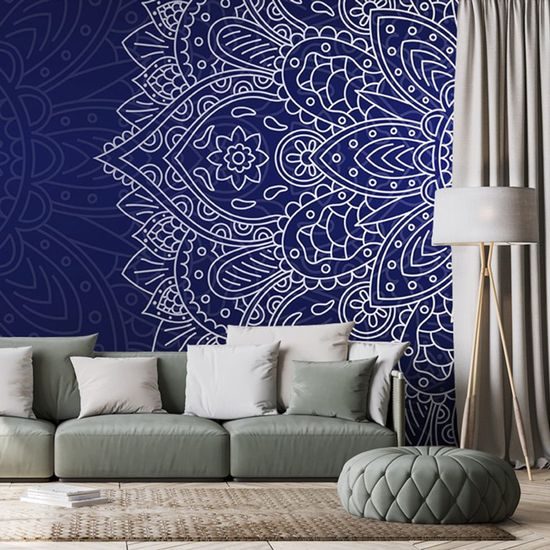 Originální samolepící tapeta bílý ornament na modrém pozadí