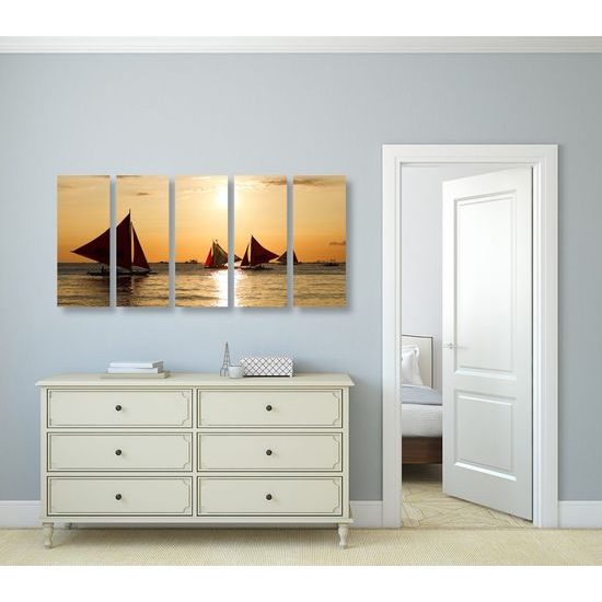 5-dílný obraz plachetnice při západu slunce