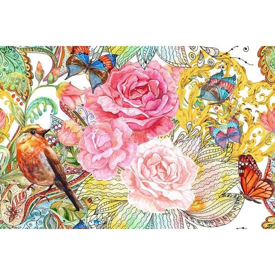 Tapeta ptáček s motýly ve vintage provedení