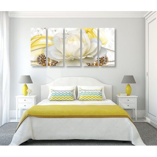 5-dílný obraz luxusní květ s perlami