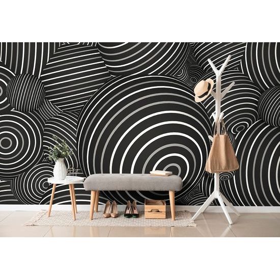 Tapeta černobílé 3D kuličky s pásky