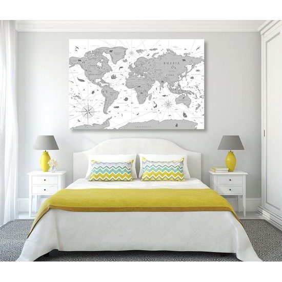 Obraz mapa světa s historickým nádechem v černobílém provedení