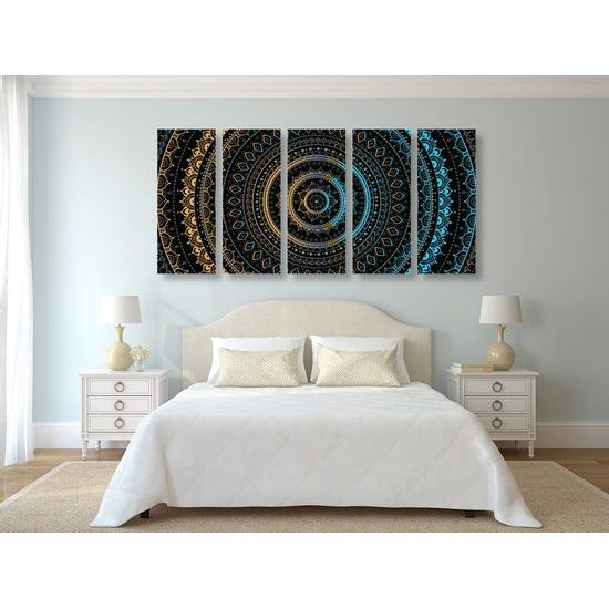 5-dílný obraz krásná modře zlatá Mandala