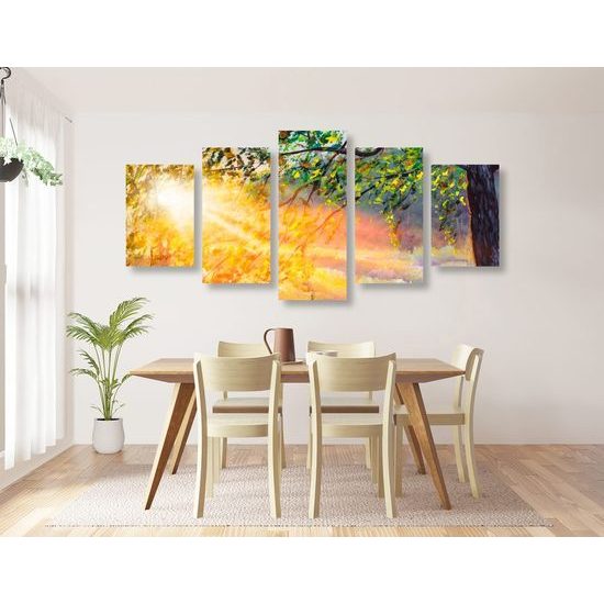 5-dílný obraz probouzející se les v paprscích slunce