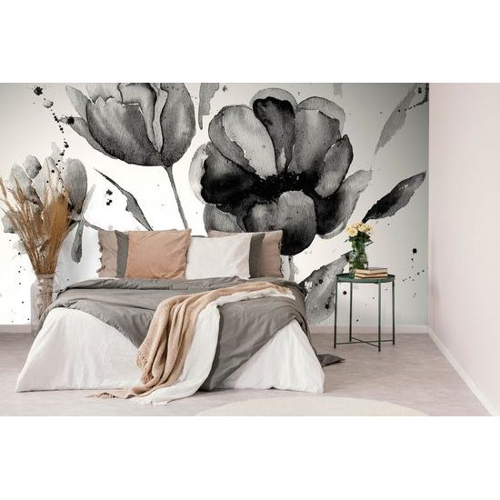Jedinečná černobílá samolepící tapeta malované tulipány