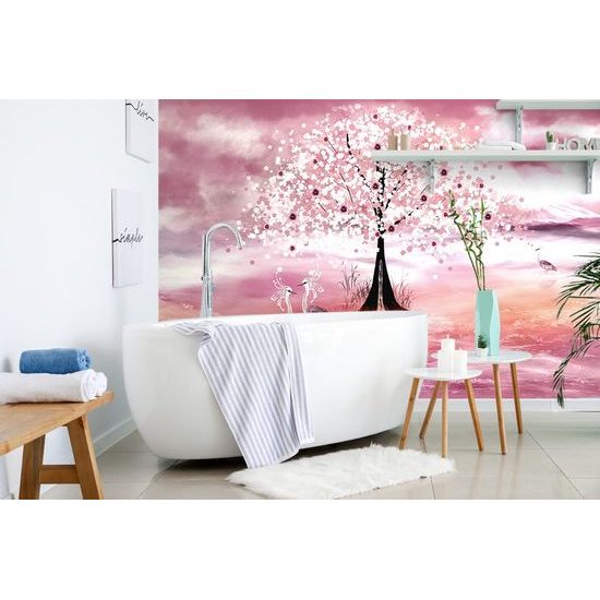 Nádherná samolepící tapeta volavky v objetí růžové