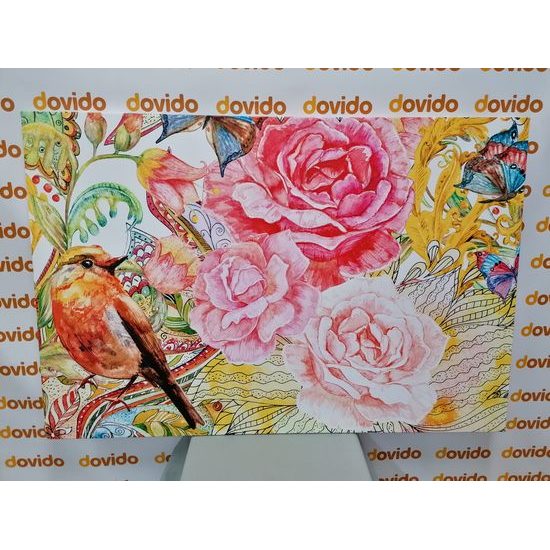 Obraz ptáček a pivoňky ve vintage provedení