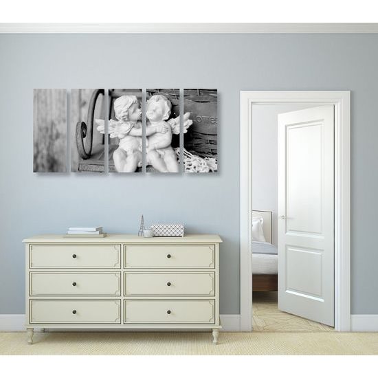 5-dílný obraz láska andílků v černobílém provedení