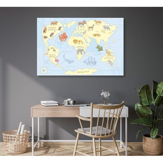 Obraz na korku kreslená mapa světa se zvířaty
