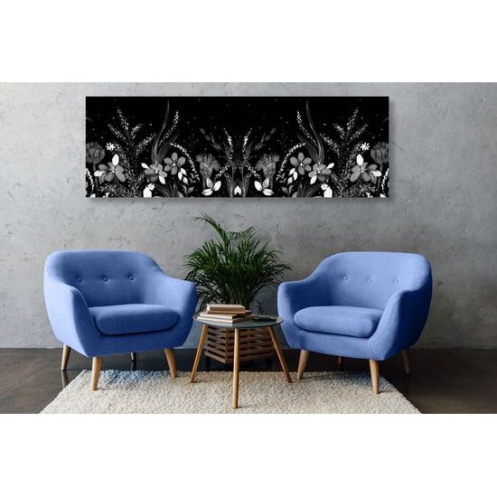 Obraz louka plná květin v černobílém provedení