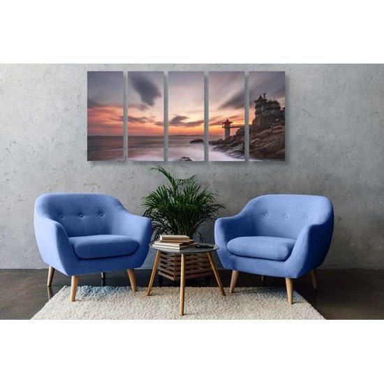 5-dílný obraz slunce zapadající za maják