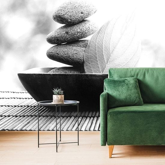 Jedinečná černobílá fototapeta miska se zen kameny