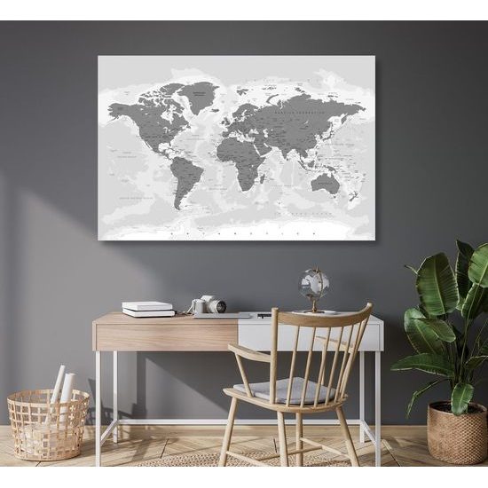 Obraz na korku mapa světa v něžném černobílém provedení