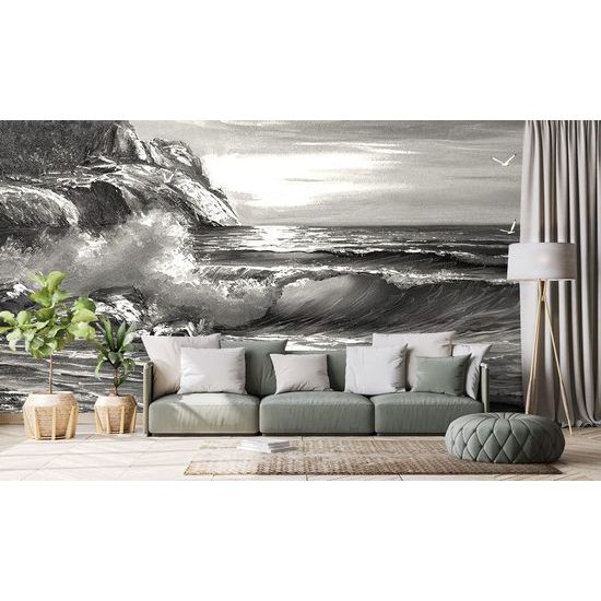 Krásná samolepící tapeta síla mořských vln v černobílém provedení