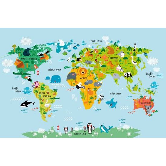 Tapeta dětská mapa s kreslenými zvířátky