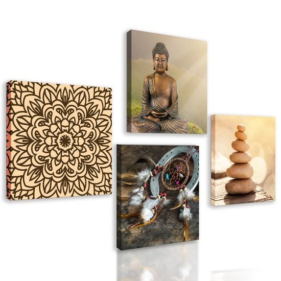 Set obrazů meditující Buddha