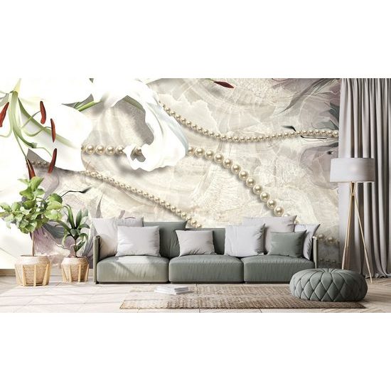 Zajímavá samolepící tapeta perly s bílou lilií
