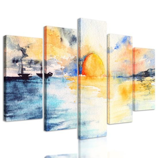 5-dílný obraz malba západu slunce nad mořem