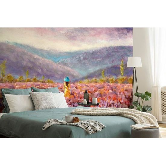 Samolepící tapeta malba ženy uprostřed květinové louky