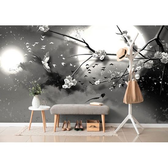 Samolepící tapeta černobílá kresba větve s květinami při úplňku měsíce
