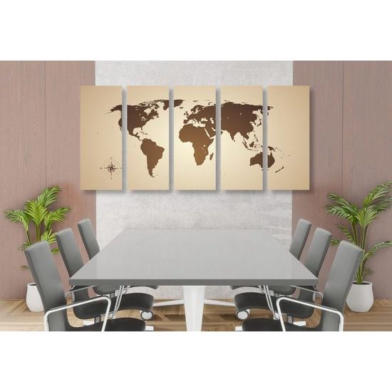 5-dílný obraz moderní mapa světa v sépiovém provedení