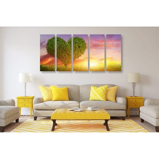 5-dílný obraz západ slunce za strom ve tvaru srdce