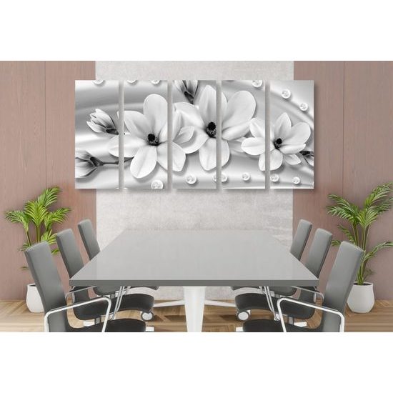 5-dílný obraz černobílé luxusní květiny na bronzovém pozadí