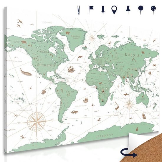Obraz na korku mapa světa s historickým nádechem v zeleném provedení