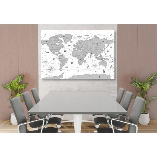Obraz mapa světa s historickým nádechem v černobílém provedení