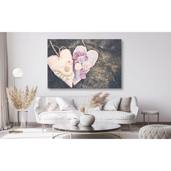 Obraz vyšívaná srdíčka a ptáček na pníku