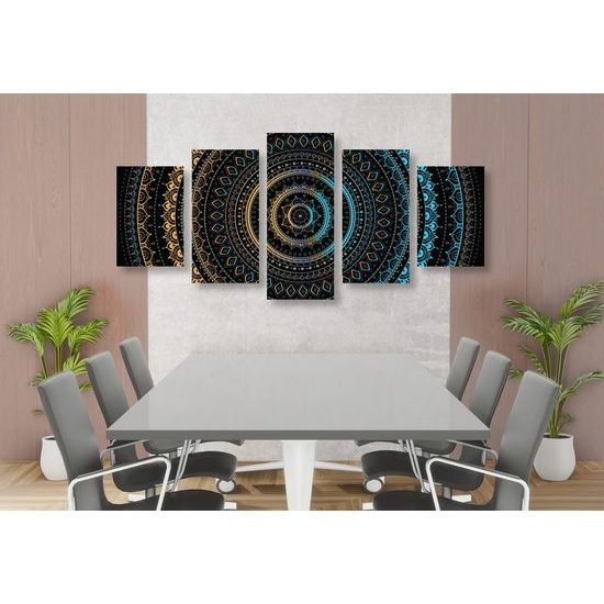 5-dílný obraz krásná modře zlatá Mandala