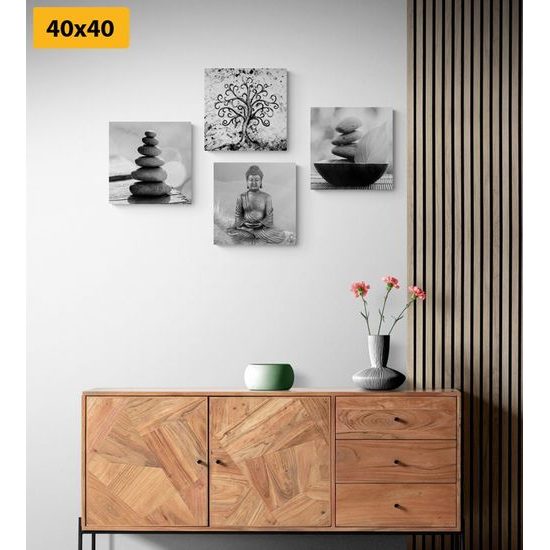 Set obrazů Feng Shui předměty v černobílém provedení