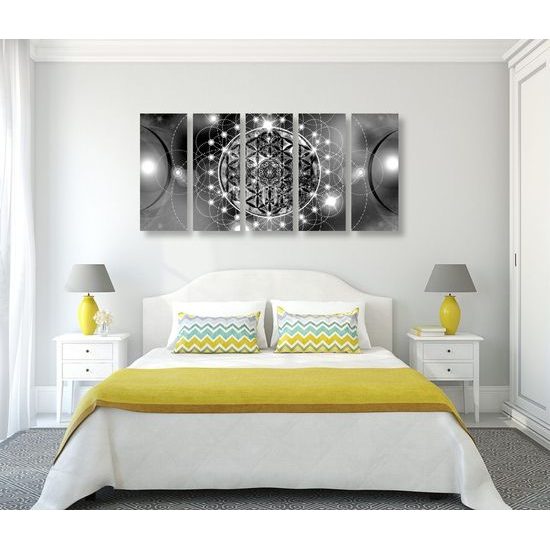 5-dílný obraz okouzlující Mandala v černobílém provedení