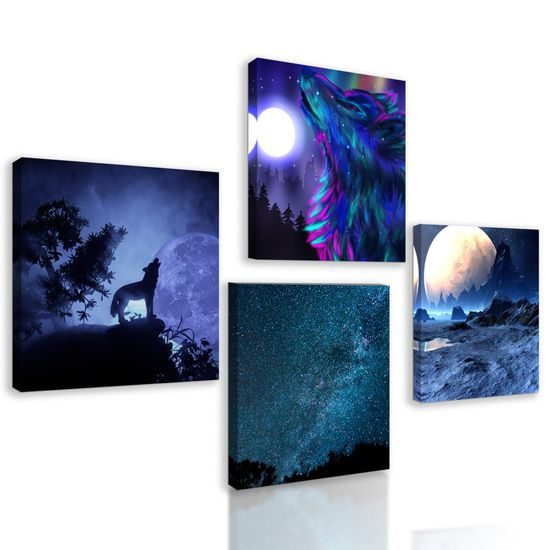 Set obrazů vlk vyjící na měsíc