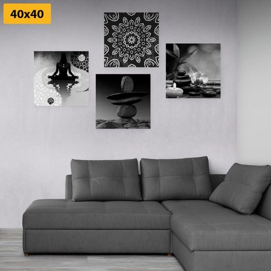 Set obrazů symboly Feng Shui v černobílém provedení