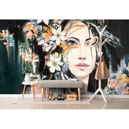 Samolepící tapeta malba dívky s květinami