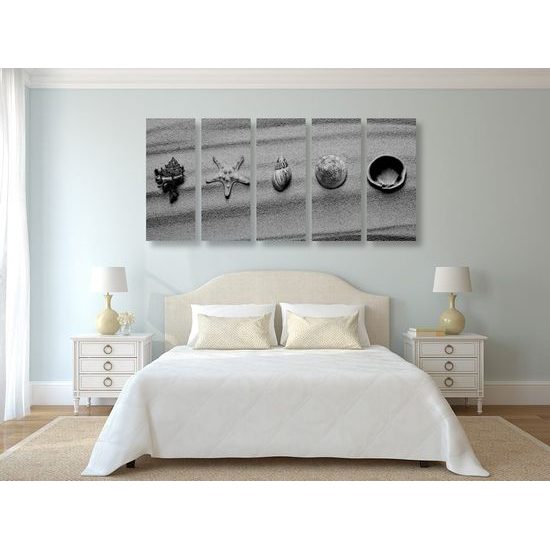 5-dílný obraz černobílé mušle na písku