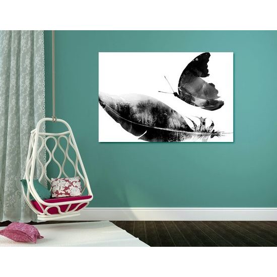 Obraz nádherný motýl v černobílém provedení