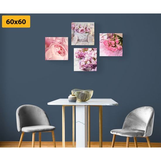 Set obrazů něžné květiny v odstínech růžové