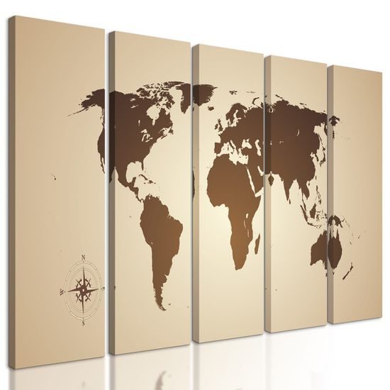 5-dílný obraz moderní mapa světa v sépiovém provedení