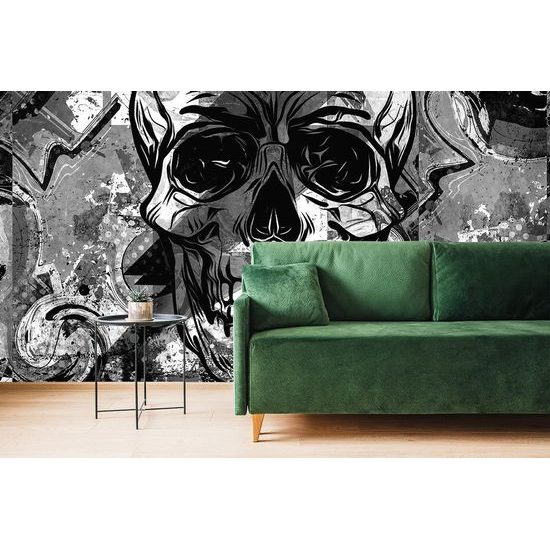 Originální černobílá samolepící tapeta lebka v graffiti stylu