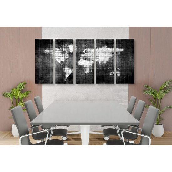5-dílný obraz futuristická mapa světa v černobílém provedení
