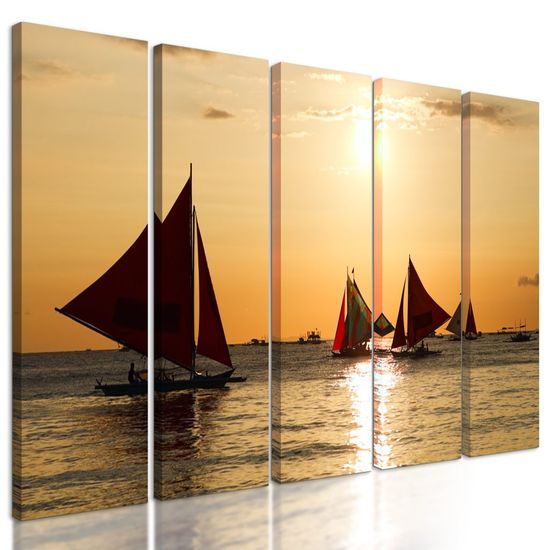 5-dílný obraz plachetnice při západu slunce
