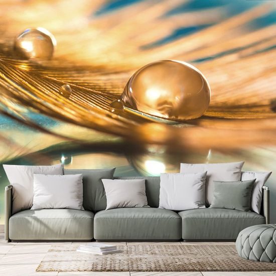 Nádherná samolepící tapeta zlaté pírko s kapkou vody