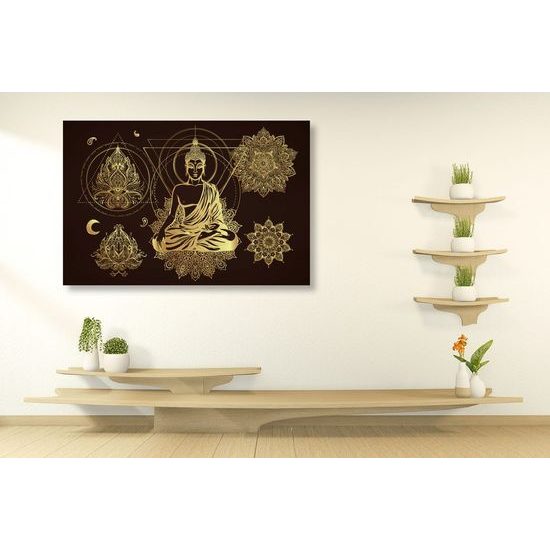 Obraz meditující Buddha se zlatými ornamenty