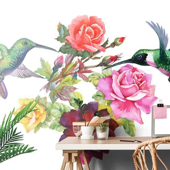 Nádherná tapeta létající kolibříci u květin